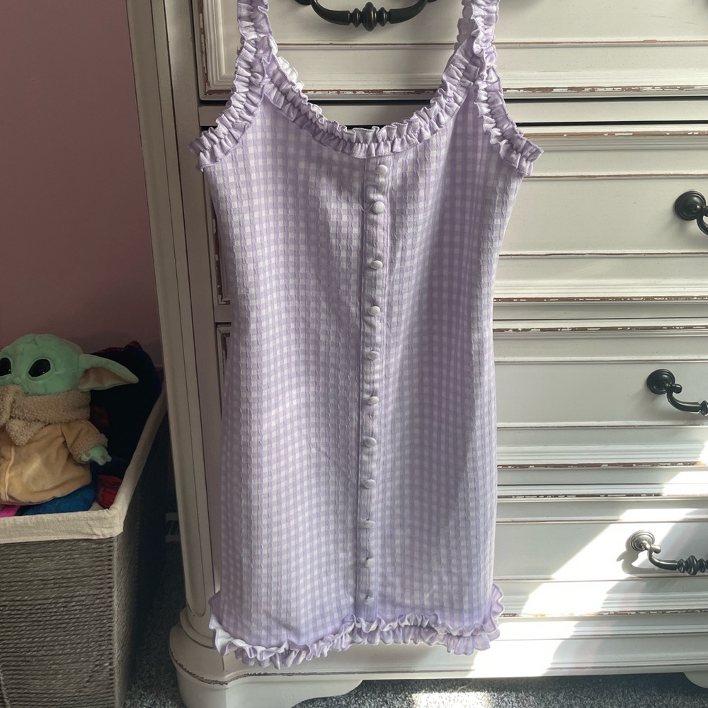 Purple Checkered Bodycon Dress with Ruffles
